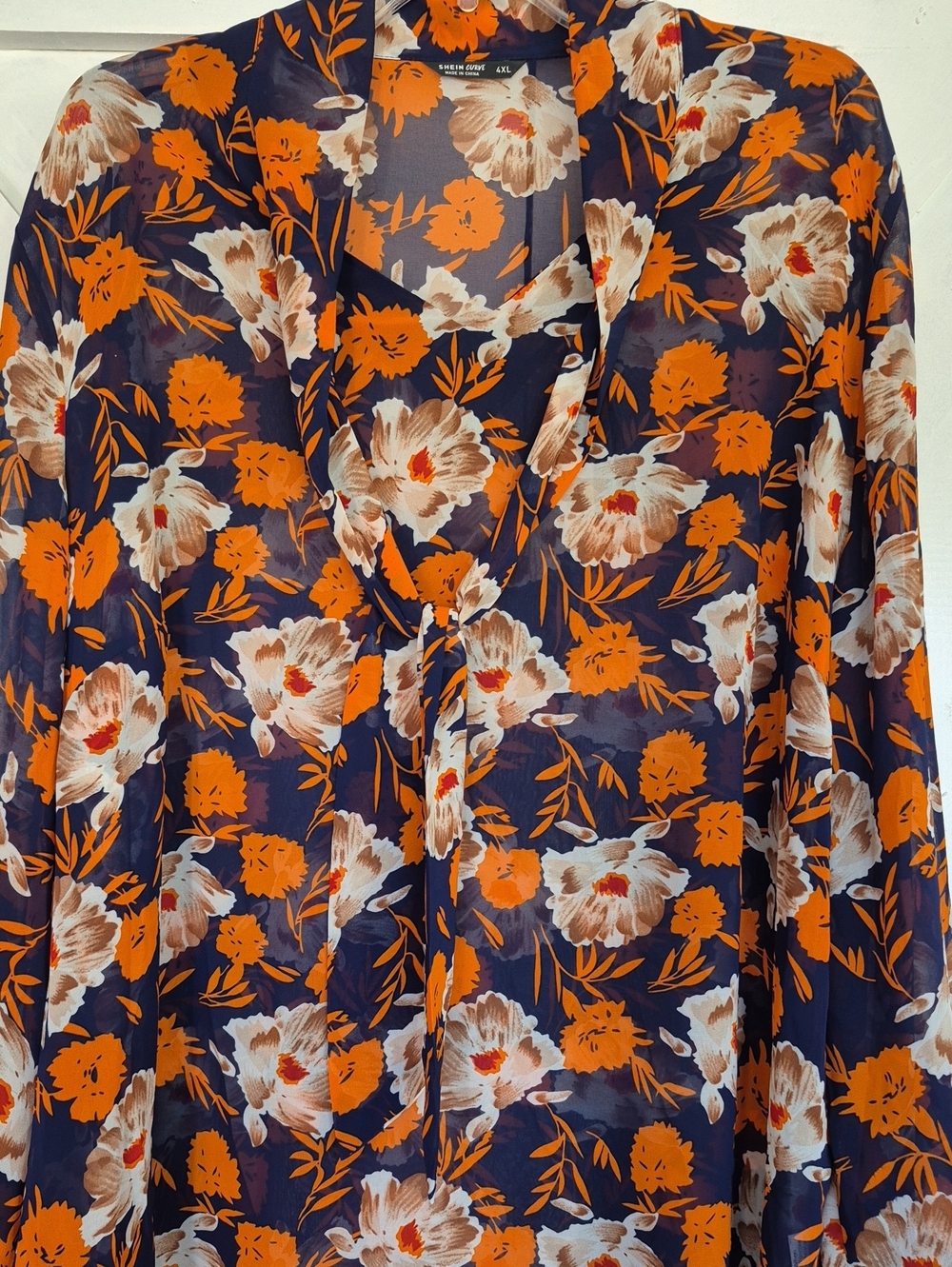 SHEIN Navy Floral Tie-Neck Blouse with Orange & Cream Blooms